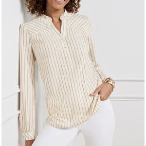 Talbots Popover Blouse Women’s Plus Size 2X Striped Ruffle Cotton Woven Cream